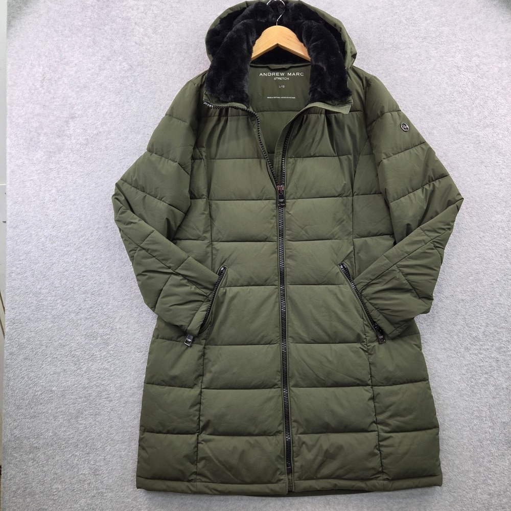 ANDREW MARC Long Stretch Parka Puffer Jacket Removable Hood Womens L Olive Green